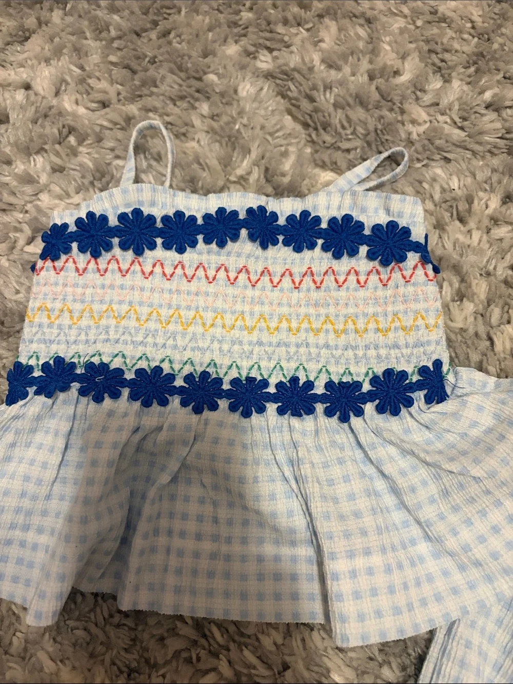 Old Navy Light Blue Gingham Smocked Peplum Romper with Navy Floral Trim